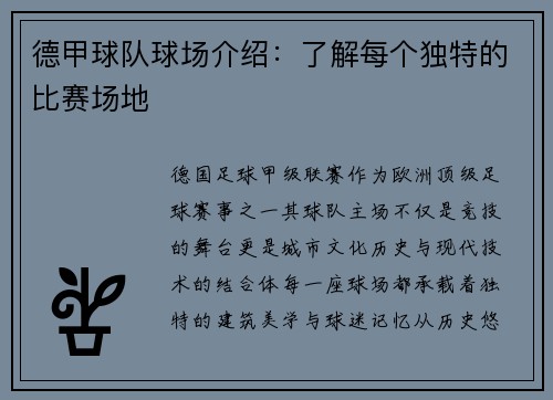 德甲球队球场介绍：了解每个独特的比赛场地